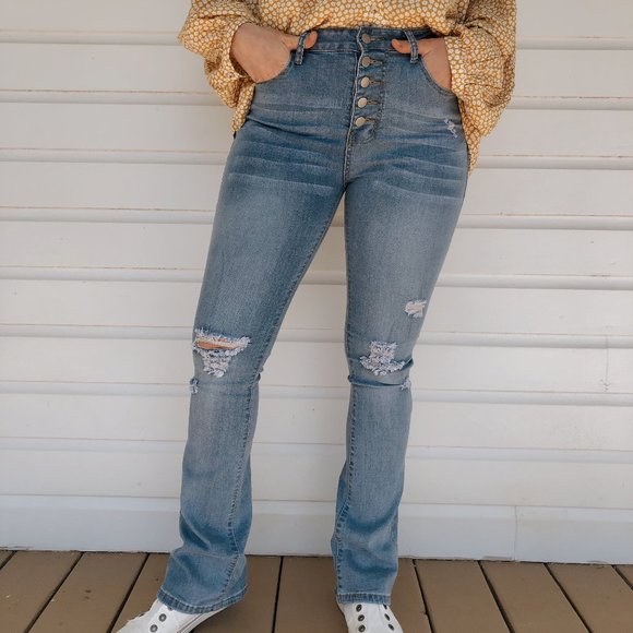 Kaplan Denim - KAPLAN MID RISE BUTTON FRONT FLARE DENIM JEANS